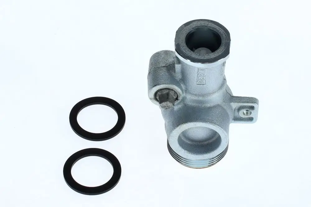 BOSCH Anschlussstück aus Metall für Rücklauf, mit zwei Gummidichtungen in Schwarz. Das Teil hat eine seitliche Öffnung und Gewinde am unteren Ende.